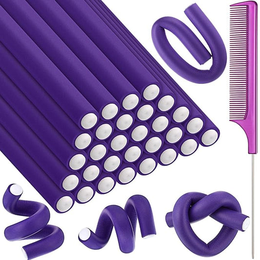 Syhood 30 Pcs 7'' Flexible Curling Rods Twist Foam Hair Rollers Soft Foam No Heat Hair Rods Rollers and 1 Steel Pintail Comb Rat Tail Comb for Women Long Short Hair(Purple,7 x 0.55 Inch)-Velvo Beauty