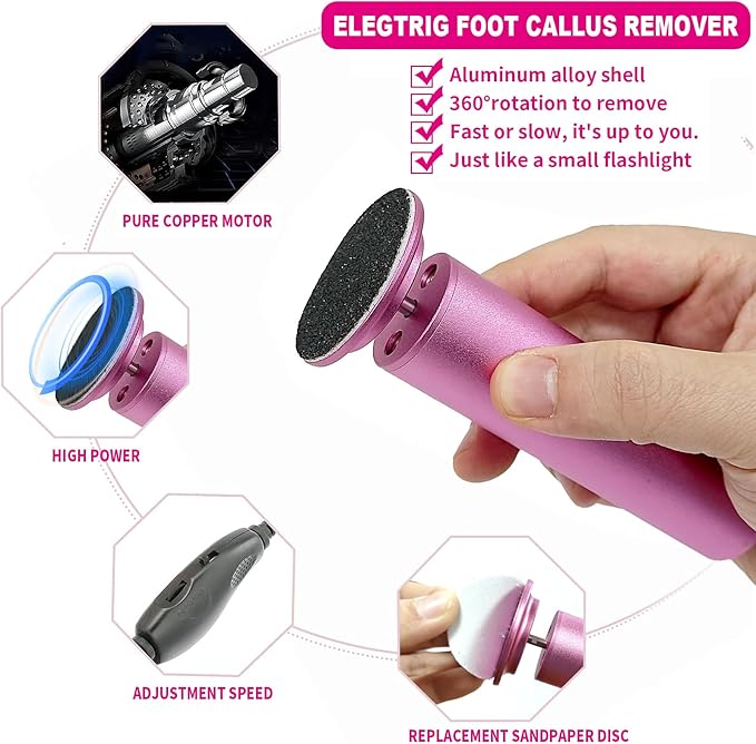 Electric Foot Callus Remover, Adjustable Foot Speed, Professional Foot Repair Tool, Equipped with 60 Pieces of Sandpaper, Suitable for Men and Women with Dead Skin calluses, Dry and Cracked, Pink-Velvo Beauty