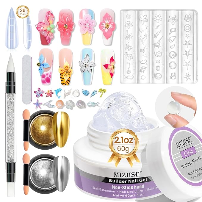 MIZHSE Solid Builder Gel for Nails, Clear 60g 3D Sculpting Gel for Nail Art Non-Sticky Molding Hard Gels UV LED Nail Charm with Gold Chrome Nail Powder and 3D Silicone Flower Mold Kit for DIY Salon-Velvo Beauty