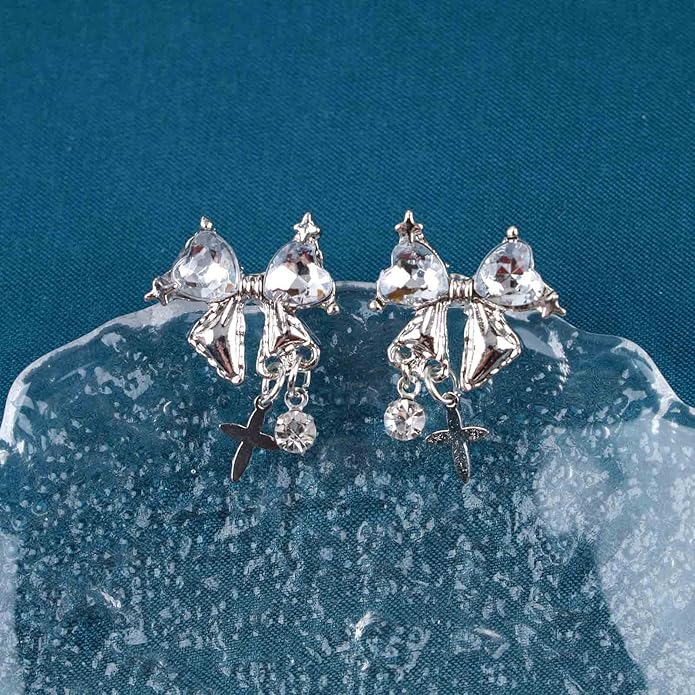 Vintage Crystal Bow Earrings Black Onyx Stud Earrings Silver Tiny Cross Drop Earrings Sparkly Cz Rhinestone Bow Earrings Jewelry for Women-Velvo Beauty