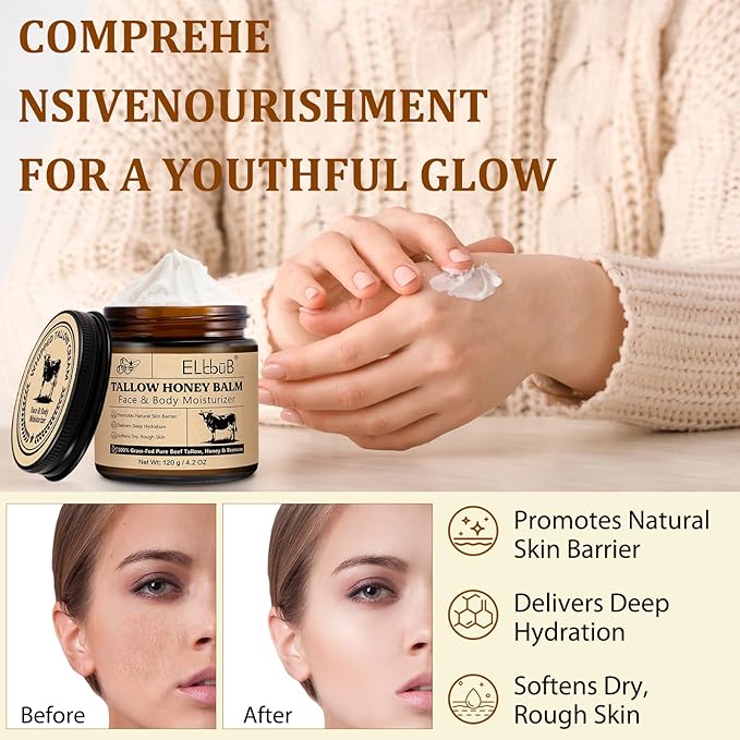 Whipped Tallow Cream for Face & Body - 100% Grass-Fed Beef Tallow, Natural Honey & Beeswax Moisturizer, Deep Hydration & Nourishment, Oil-Free & Unscented, Fast Absorbing-Velvo Beauty