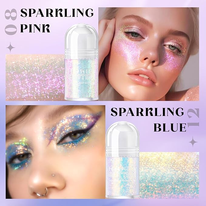 2 Colors Roll-on Body Glitter Gel, Holographic Glitter Gel Under Light for Face Hair, Body Shimmer for Rave Accessories Christmas New Year Halloween Makeup (8+12)-Velvo Beauty