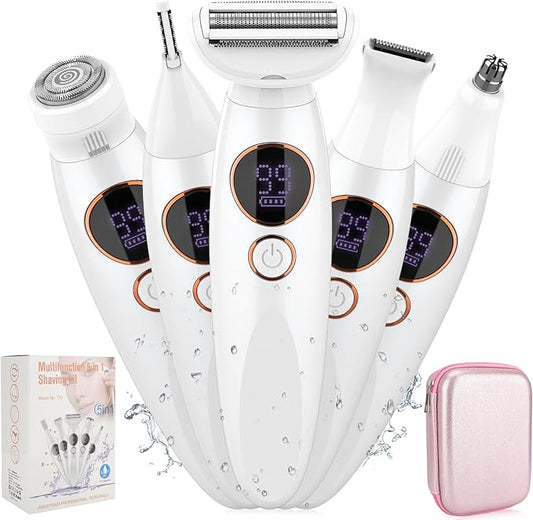 5 in 1 Bikini Trimmer for Women,IPX7 Waterproof Cordless Replaceable Pubic,Eyebrow,Facial Electric Razors&Nose Hair Trimmer&Painless Body Shaver for Arms Legs Underarms,USB Charge,LED Display,Wet&Dry-Velvo Beauty