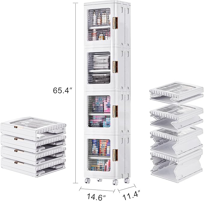 VECELO 4-Tier Plastic Tall Narrow Storage Cabinet with Movable Wheels, Adjustable Shelves, Magnetic Doors, Slim Bathroom Organizers and Storage for Small Space, Bathroom, Kitchen, Laundry, White-Velvo Beauty