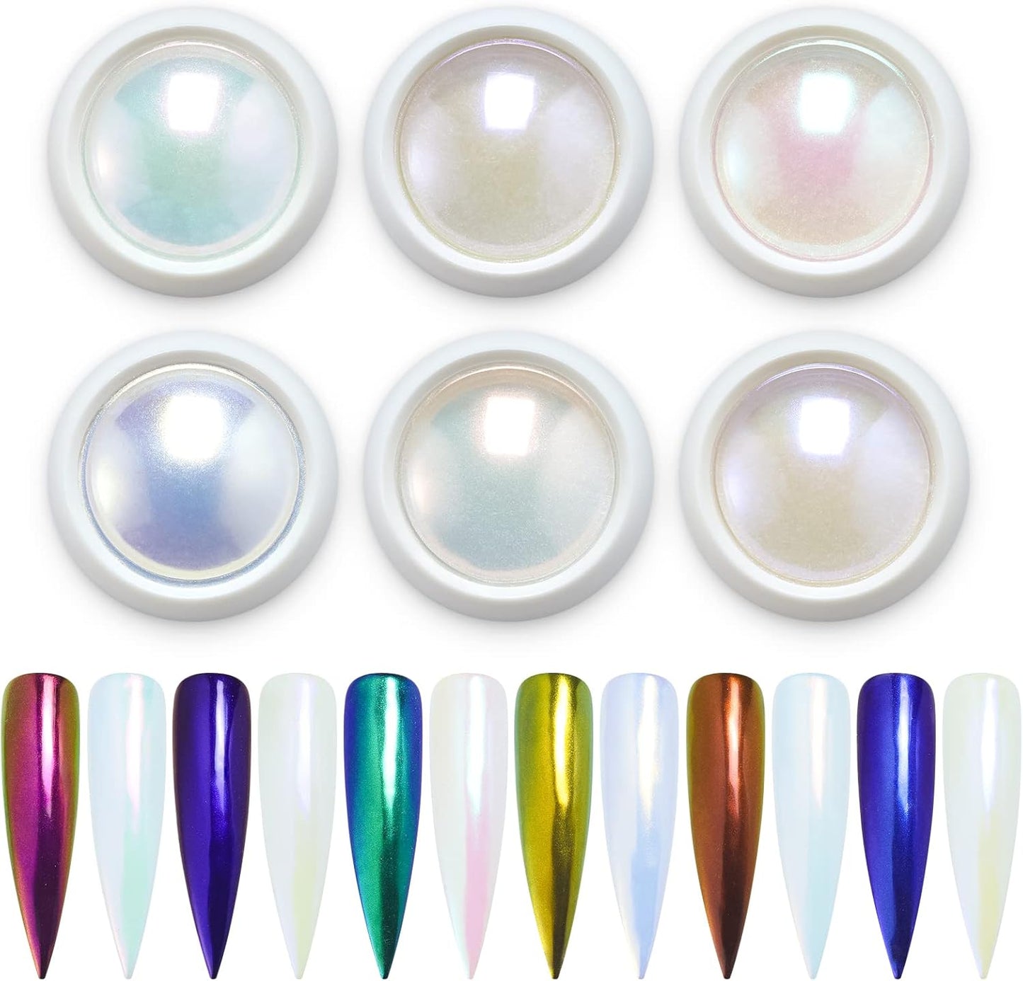 Artdone 6pcs Chrome Nail Powder White Pearl Unicorn Mermaid Aurora Nail Powder,Iridescent Chameleon Effect Nail Color Metallic Mirror Chrome Powder Kit for Nail Art Gel Polish kit-Velvo Beauty