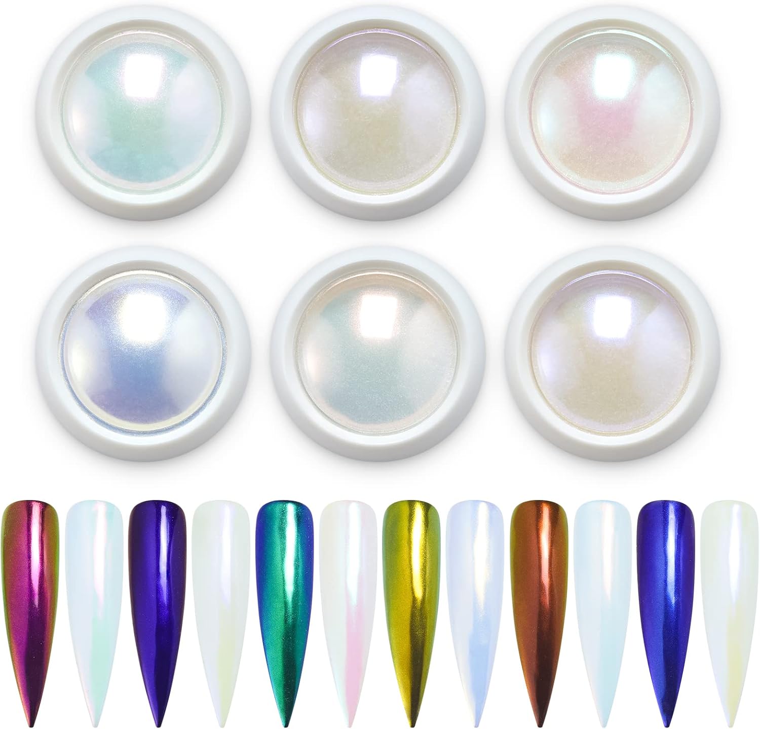 Artdone 6pcs Chrome Nail Powder White Pearl Unicorn Mermaid Aurora Nail Powder,Iridescent Chameleon Effect Nail Color Metallic Mirror Chrome Powder Kit for Nail Art Gel Polish kit-Velvo Beauty