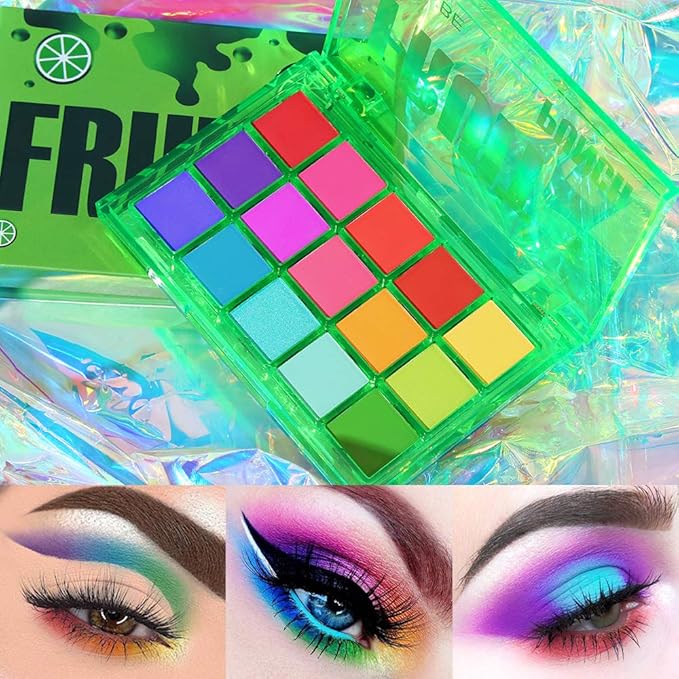 UCANBE Bright Colorful Neon Rainbow Makeup Eyeshadow Palette 15 Shades Green Purple Yellow Make Up Pallets Kit Vibrant Shimmer Matte Pigmented Blendable - Fruit Punch-Velvo Beauty