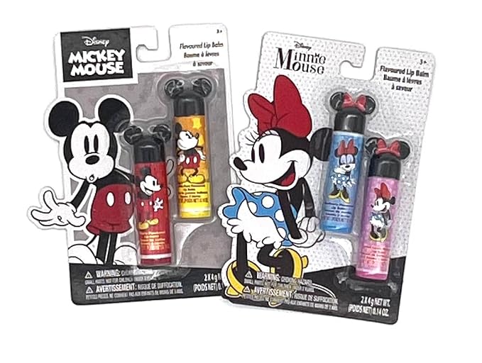 Disney Mickey and Minnie Lip Balm Bundle with 4 Lip Balms in Assorted Flavors - Bonus 1 Assorted Disney Stamp-Velvo Beauty