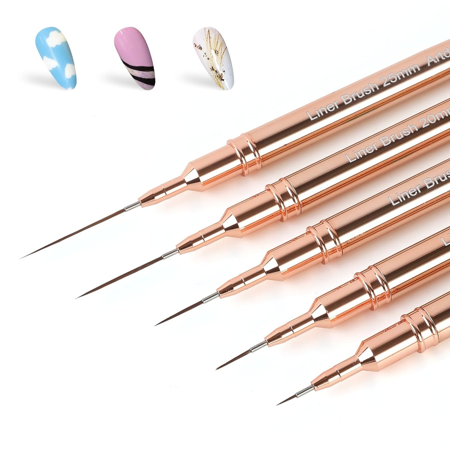 Artdone Metallic Nail Art Pens, Liner Brushes Set, 5PCS Copper Color Nail Tools For Long Lines, Thin Details, Fine Drawing, Liner Brush UV Gel Polish Painting Nail Design Sizes 5/8/12/20/25mm-Velvo Beauty