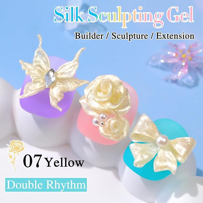 Double Rhythm 3D Nail Gel Pearl Solid Sculpting for Nail Art Non-Sticky Hard for Building Carving Molding Extension Soak Off UV/LED Nail Art Salon Home DIY 0.5 Oz (Yellow-Silk 07)-Velvo Beauty