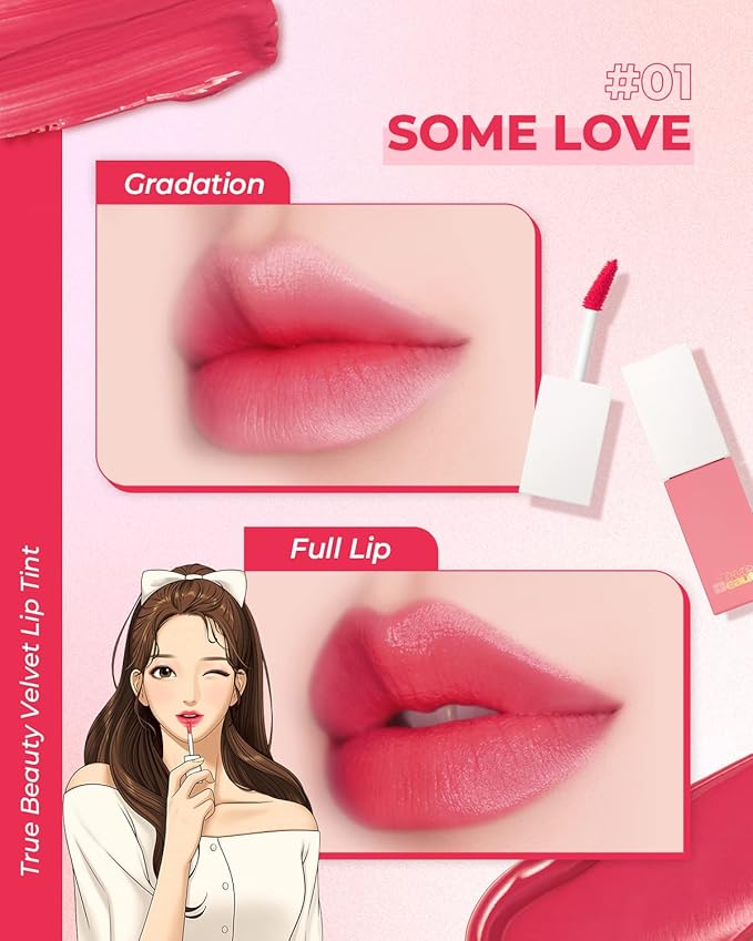 AMTS Webtoon True Beauty - 01 Some Love | Pink Lip Tint Stain | High Pigment Liquid Waterful Shine Non-Sticky Long-Wearing Long-Lasting | True Beauty Cute Pink Makeup-Velvo Beauty