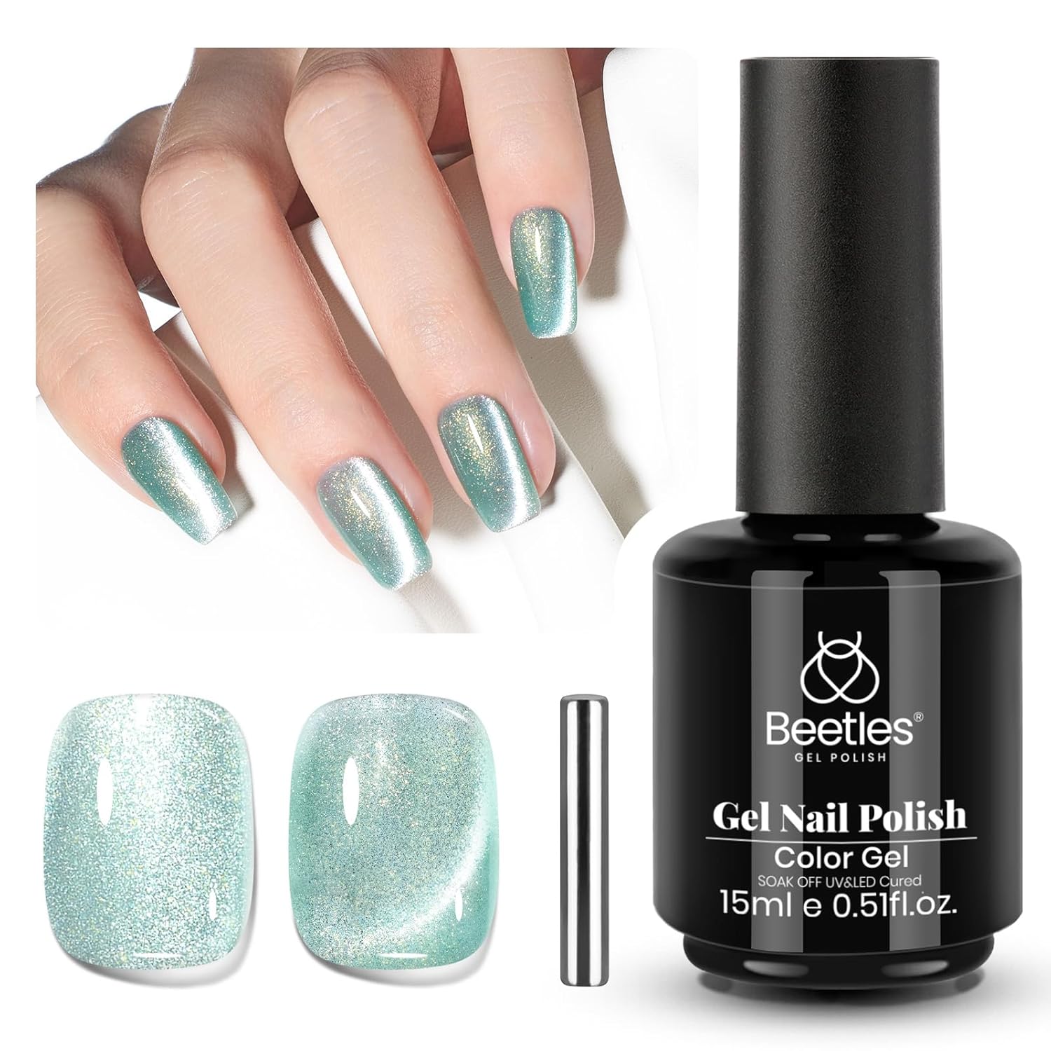 Beetles Green Cat Eye Gel Polish, 15ML Mint Green Cat Eye Glitter Gel Polish with Magnet Soak Off UV Shimmer Velvet Gel Mint Stardust Series French Nail Art Design Manicure Gifts for Women-Velvo Beauty