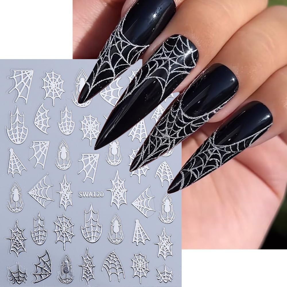 5 Sheets Halloween Spider Web Nail Stickers for Nail Art 3D Self-Adhesive Spider Web Nail Art Stickers White Black Silver Laser Gold Spider Nail Decals Holiday Nail Design Supplies for Women-Velvo Beauty