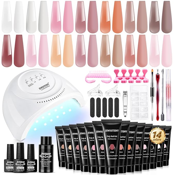 JEWHITENY 14 Colors Poly Extension Gel Nail Kit With U V Lamp Nude Pink White Brown All In One Poly Gel Starter Kit With Base Top Coat Manicure Salon Frence Nail Art DIY-Velvo Beauty