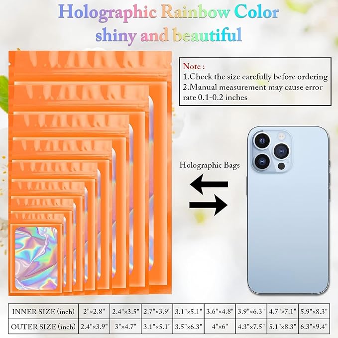 ANZNKU 100 Pcs Smell Proof Mylar Resealable Bags, Holographic Packaging Bags, Resealable Odor Foil Pouch Zip Bag with Clear Window for Food Storage and Lipgloss, Jewelry Lash (Orange, 4.7 x 7.9 Inch)-Velvo Beauty