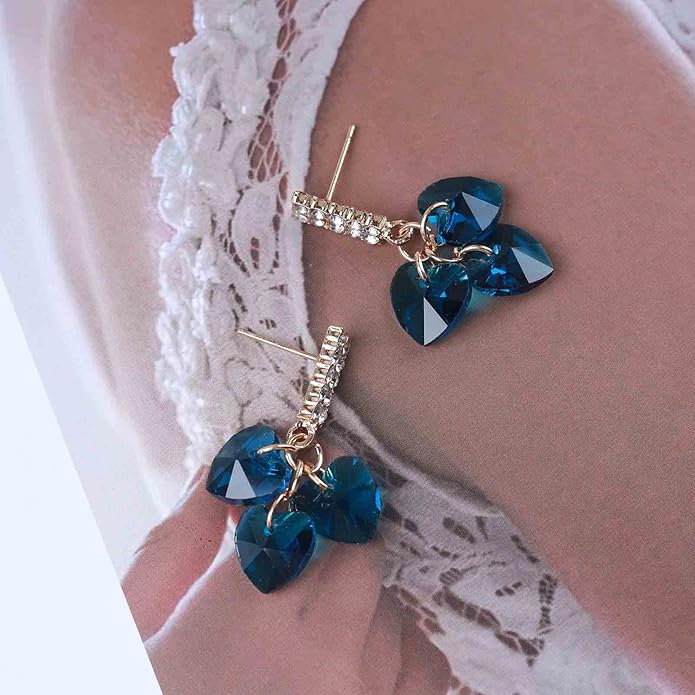 Boho Sapphire Tassel Earrings Blue Crystal Heart Earrings Gold Cz Bar Stud Earrings Blue Cz Heart Drop Earrings Blue Rhinestone Earrings Jewelry for Women-Velvo Beauty