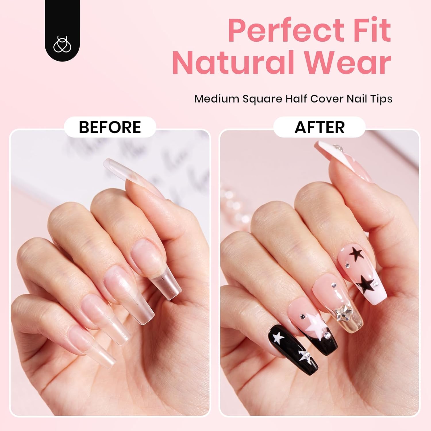 Beetles Gel Nail Tips Kit Etch-X, Square Medium, 288Pcs 12 Sizes, with 10mL Nail Glue, Pre-Etched Half Matte Half Cover Soft Acrylic False Nail Kit for Home DIY Salon Art Fall Press on Nail Extension-Velvo Beauty