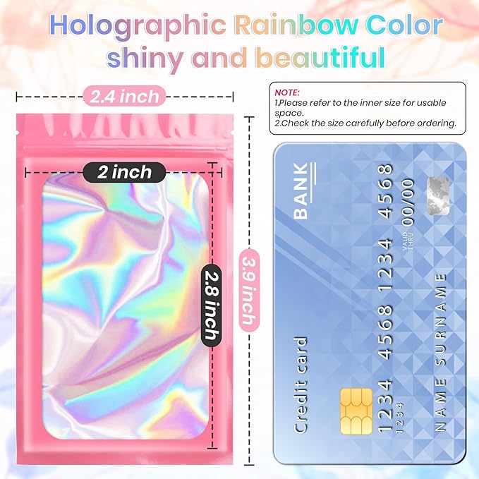 100 Pack Holographic Bags, Resealable Bags Packaging Bag with Clear Window Resealable Odor Foil Pouch for Food Storage, Lipgloss&Jewelry Lash Packaging(Pink, 2.4 x 3.9 Inch)-Velvo Beauty