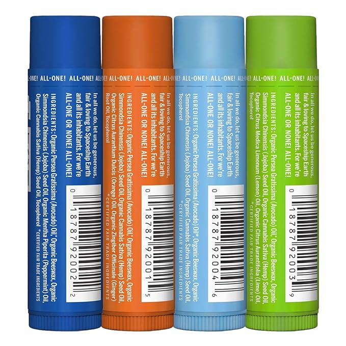 Dr. Bronner's - Organic Lip Balm Variety Peppermint, Orange Ginger, Naked, Lemon Lime) - Made with Organic Beeswax and Avocado Oil, For Dry Lips, Hands, Chin or Cheeks, 0.15 Ounce (Pack of 4)-Velvo Beauty