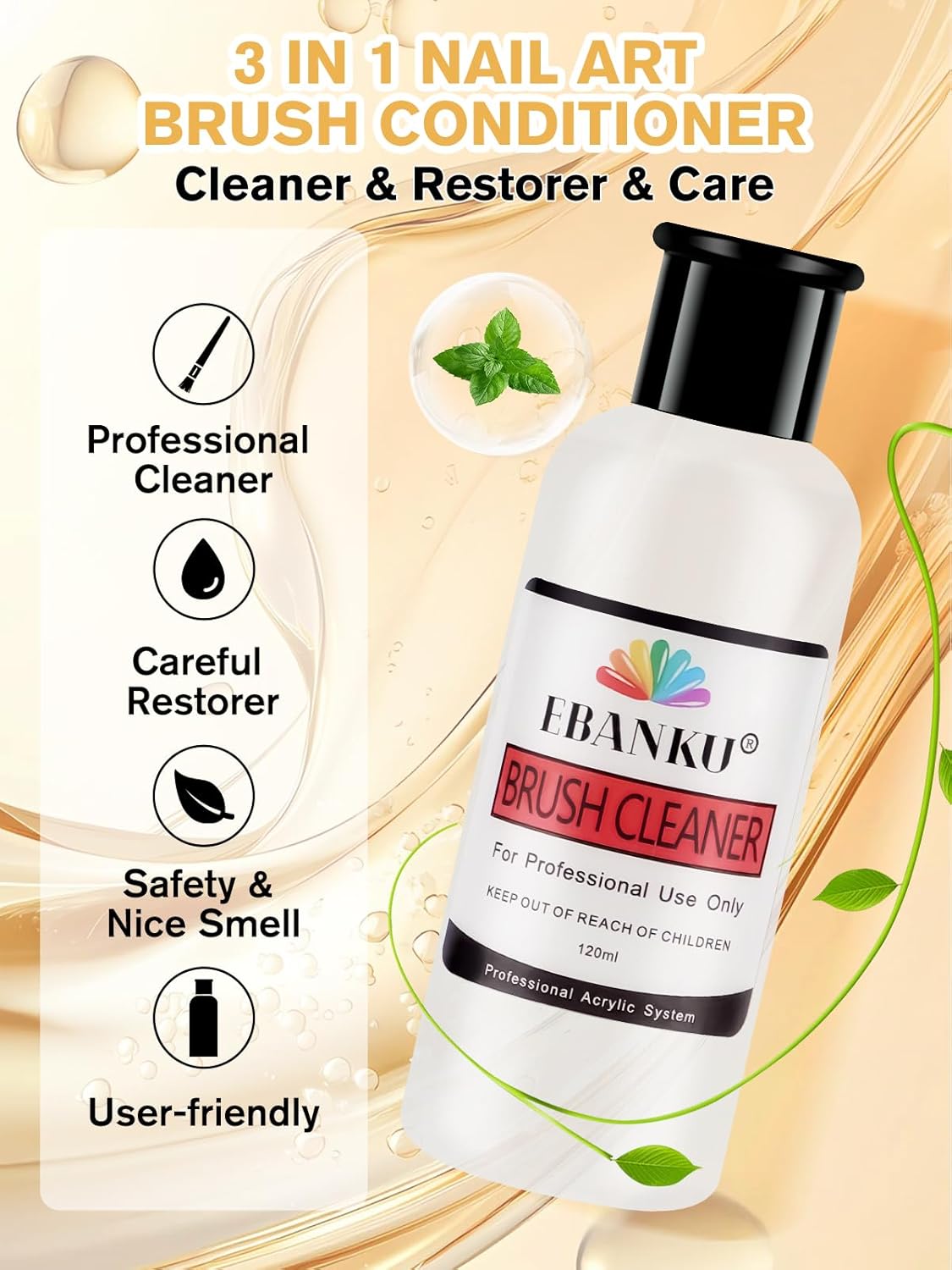 EBANKU 120ml Acrylic Nail Brush Cleaner, 3 in 1 Nail Art Brushes Conditioner Nail Brush Clean Solution Quickly Clean for Solid Gel Polish/Nail Extension Gel-Velvo Beauty