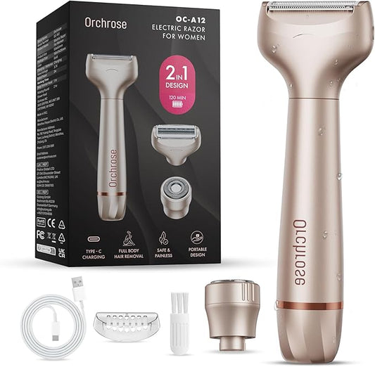 Electric Razor for Women Body: Rechargeable Painless Electric Shaver for Bikini Face Body Legs Underarms - 3-in-1 Blade and Rotary Shaving Head (Honey Gold)-Velvo Beauty