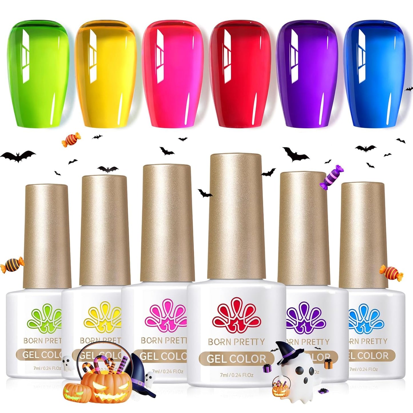 BORN PRETTY Jelly Gel Nail Polish Halloween Neon Gel Polish,Hot Pink Red Purple Blue Green Yellow 6Colors Translucent Effect,Soak Off U v LED Light Cure Nail Art Kit for Salon Manicure and DIY at Home-Velvo Beauty