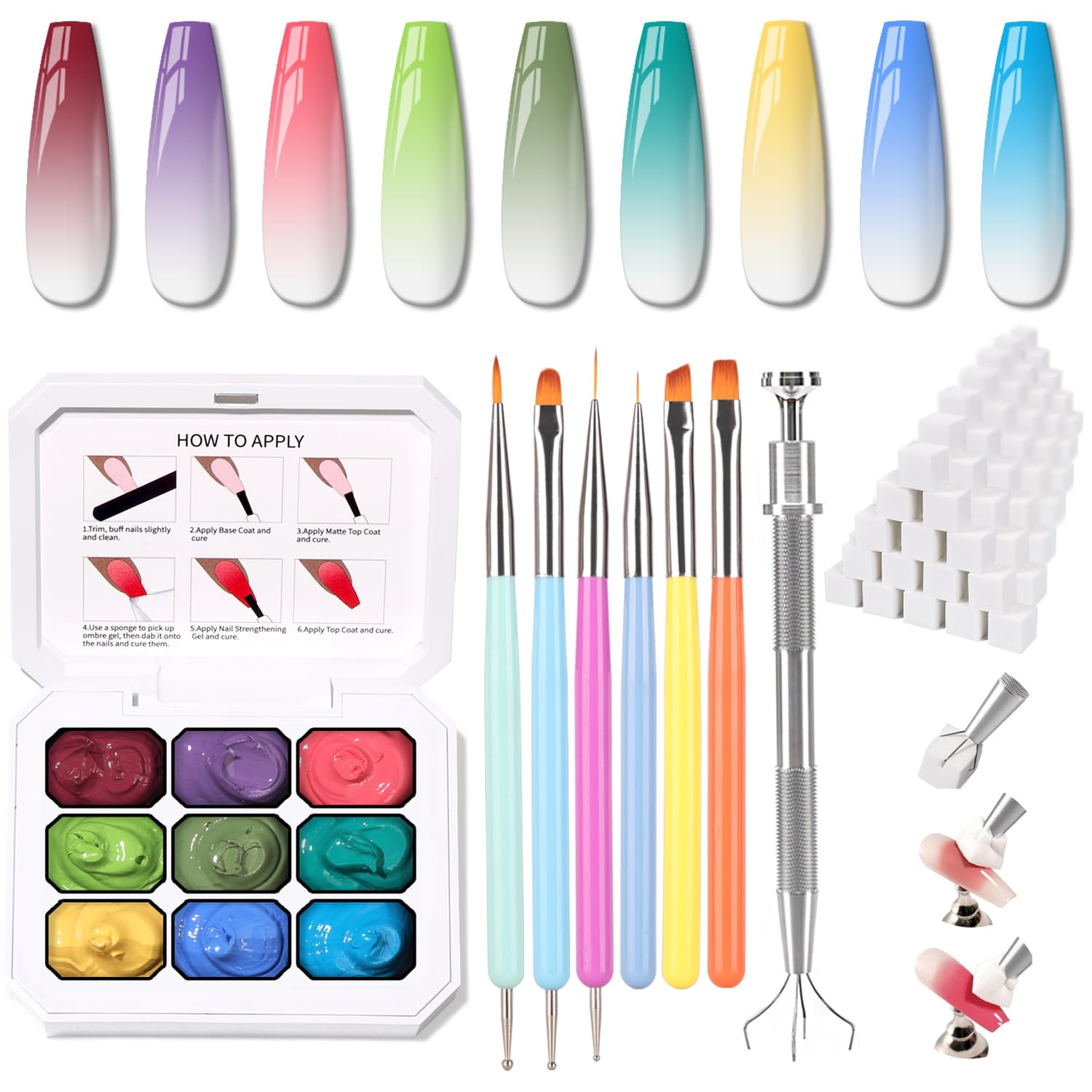 Sponge Pat Paint Nail Gel & Tools Kit, 9 Colors Ombre Nails Gradient Gel Nail Blush Blooming Aura Nails Drawing Stripper Floral Painting Nail Art, No Wipe, UV/LED Curing (9 Colors Set i)-Velvo Beauty