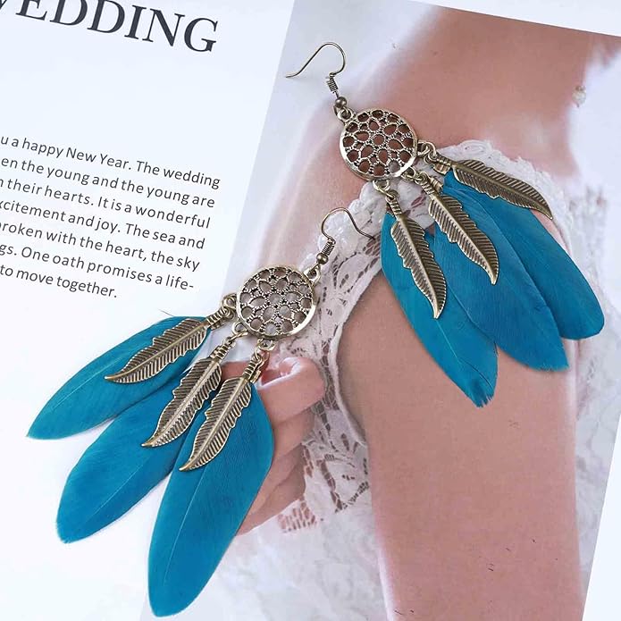 Boho Black Feather Dangle Earrings Long Feather Tassel Earrings Vintage Tribal Feather Earrings Gold Feather Drop Earrings Jewelry for Women-Velvo Beauty