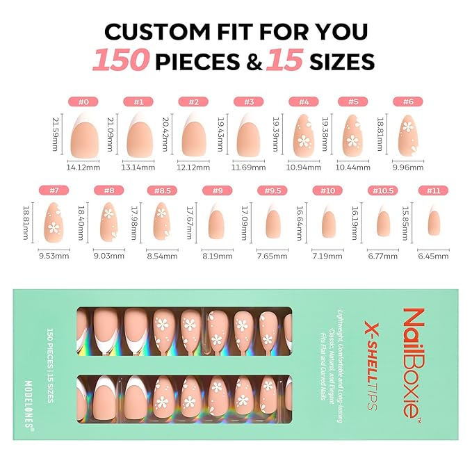 modelones Press on Nails, 150 Pcs French Tip Press on Nails, NailBoxie Brown Almond Shape Nail Tips, Natural Salon Finish Fake Nails, Ideal for Wedding, Party, Daily DIY Nail, 15 Sizes-Velvo Beauty