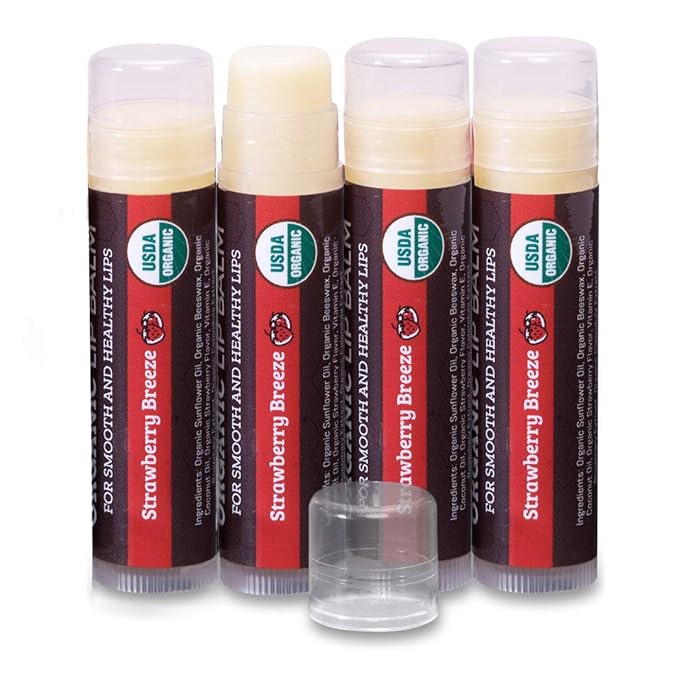 USDA Organic Lip Balm 4-Pack by Earth's Daughter - Strawberry Flavor, Beeswax, Coconut Oil, Vitamin E - Best Lip Repair Chapstick for Dry Cracked Lips.-Velvo Beauty