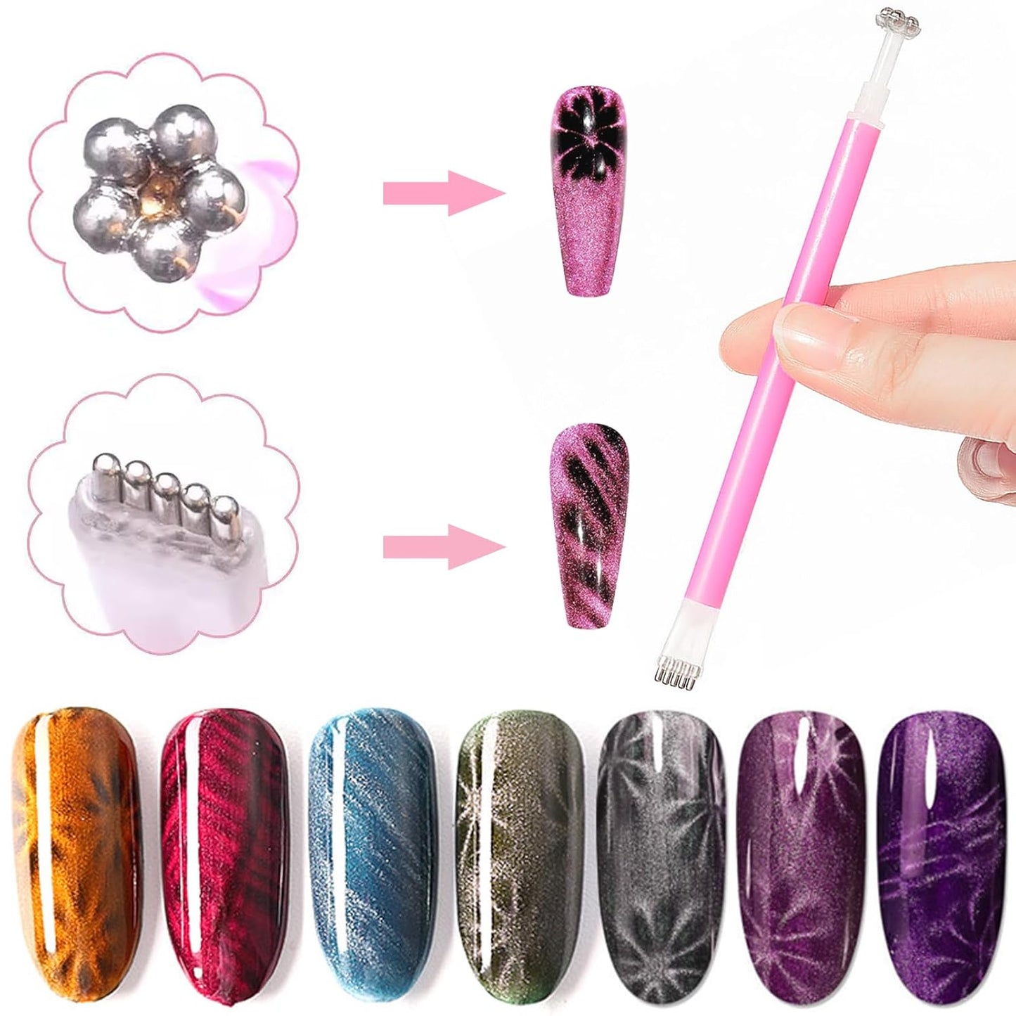 13pcs Pink Cateye Magnet for Nails Double-Ended Hexagon Nail Magnet Stick Flower Cat Eye Magnetic Pen 9 Stripe Nail Magnet Plates for Cat Eye Gel Nail Polish-Velvo Beauty