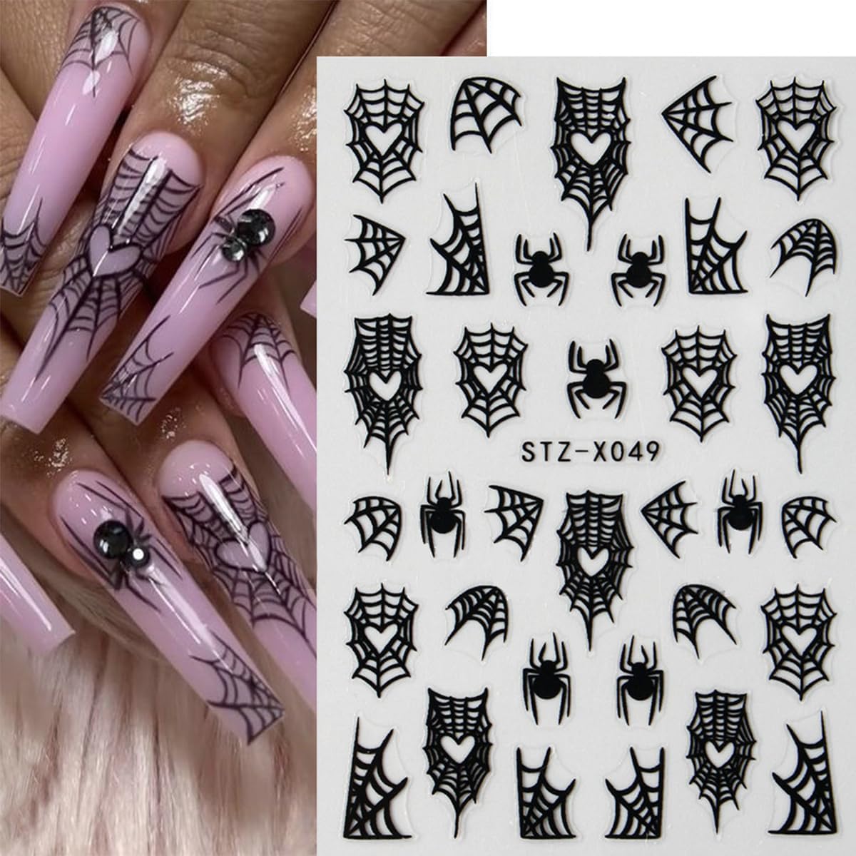 8Sheets Halloween Nail Art Stickers Spider Web Nail Stickers for Nail Art 3D Self-Adhesive Nail Decals Gold Silver Black White Glitter Spiderweb Bat Spiders Nail Design Halloween Manicure Accessories-Velvo Beauty