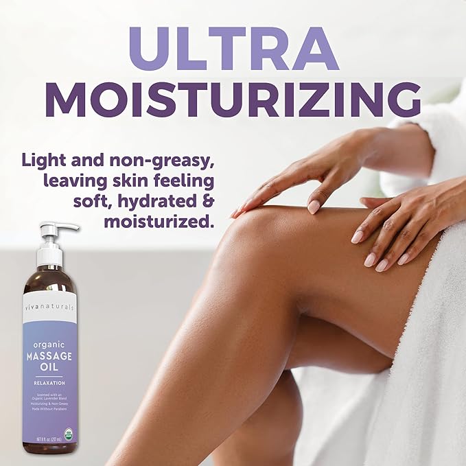 Viva Naturals Organic Massage Oil (8 fl. oz.) - Lavender Scented Non-Greasy Body Massage Oil with Mess-Free Pump, Moisturizing Massage Oils for Massage Therapy, Non-GMO and Certified Organic, 237 mL-Velvo Beauty