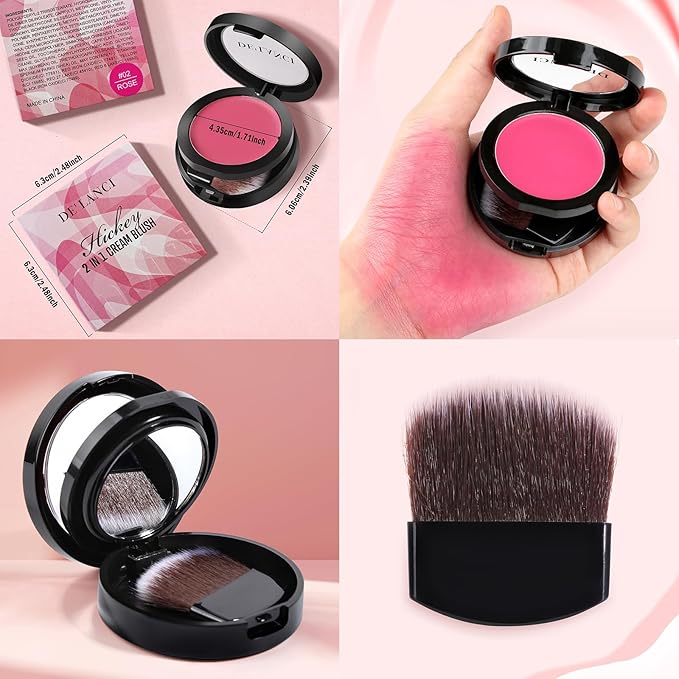 DE'LANCI Soft Cream Blush, Intense Color Pay off Putty Blush for Cheeks, Long Lasting Natural Look Rouge for Dark Skin, Blendable Pinkness Flush Korean Blush with Mirror and Brush,No Greasy (ROSE 02#)-Velvo Beauty