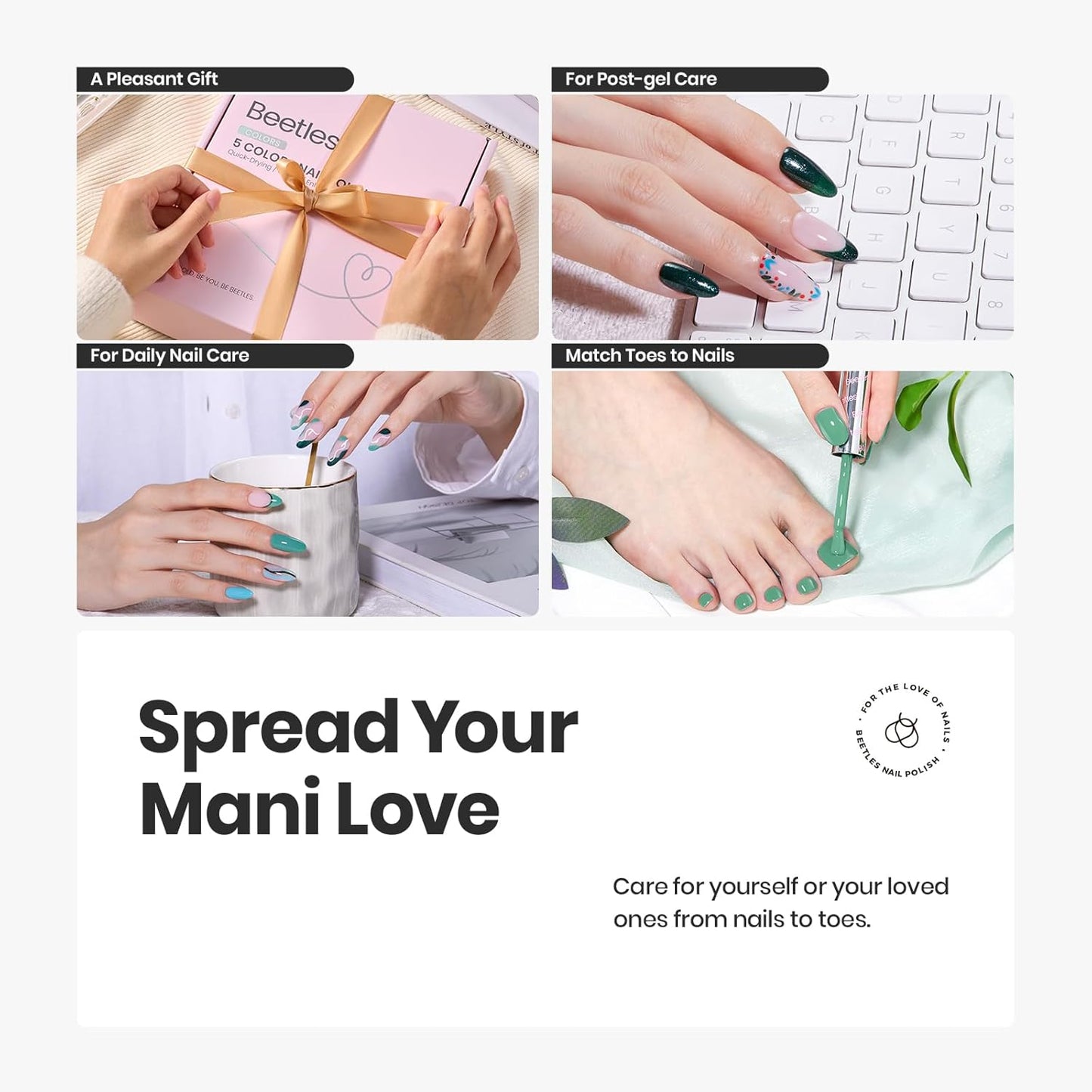 Beetles Green Nail Polish Set, 7 Pcs 5 Colors Light Green Blue Fingernail Polish, Cuticle Oil with 2IN1 Base&Top Coat Long Lasting Quick Dry Nail Polish Gfit Sets For Women-Velvo Beauty