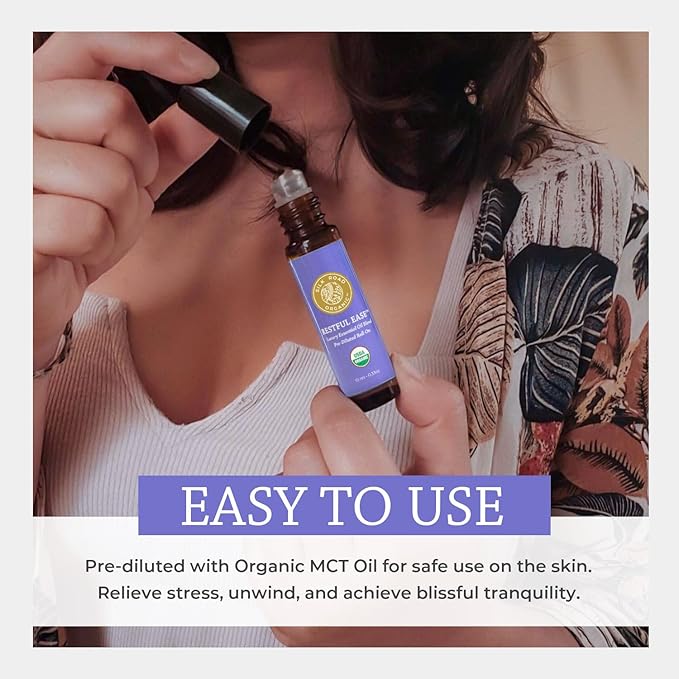 Silk Road Organic Restful Ease Essential Oil Sleep & Stress Blend Roll On - 100% Pure USDA Certified with Indian Sandalwood - Stress Ease Aromatherapy & Calming Relaxation - 10 ml Roller-Velvo Beauty