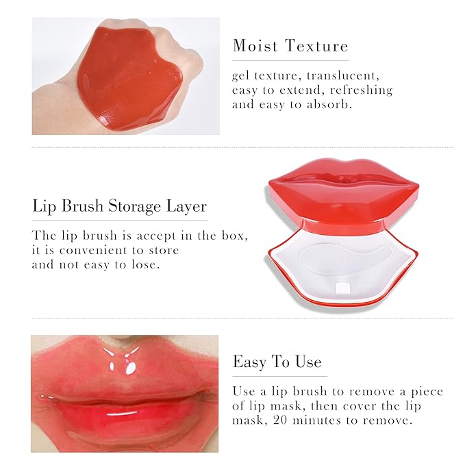 20Pcs Lip Mask, Red Cherry Lip Moisturizing Plumping Masks Overnight, Lip Gel Treatment Lip Masks for Dry Lips Smooth& Plump Chapped Lip Collagen Overnight Lip Care Pads Patches(Red)-Velvo Beauty