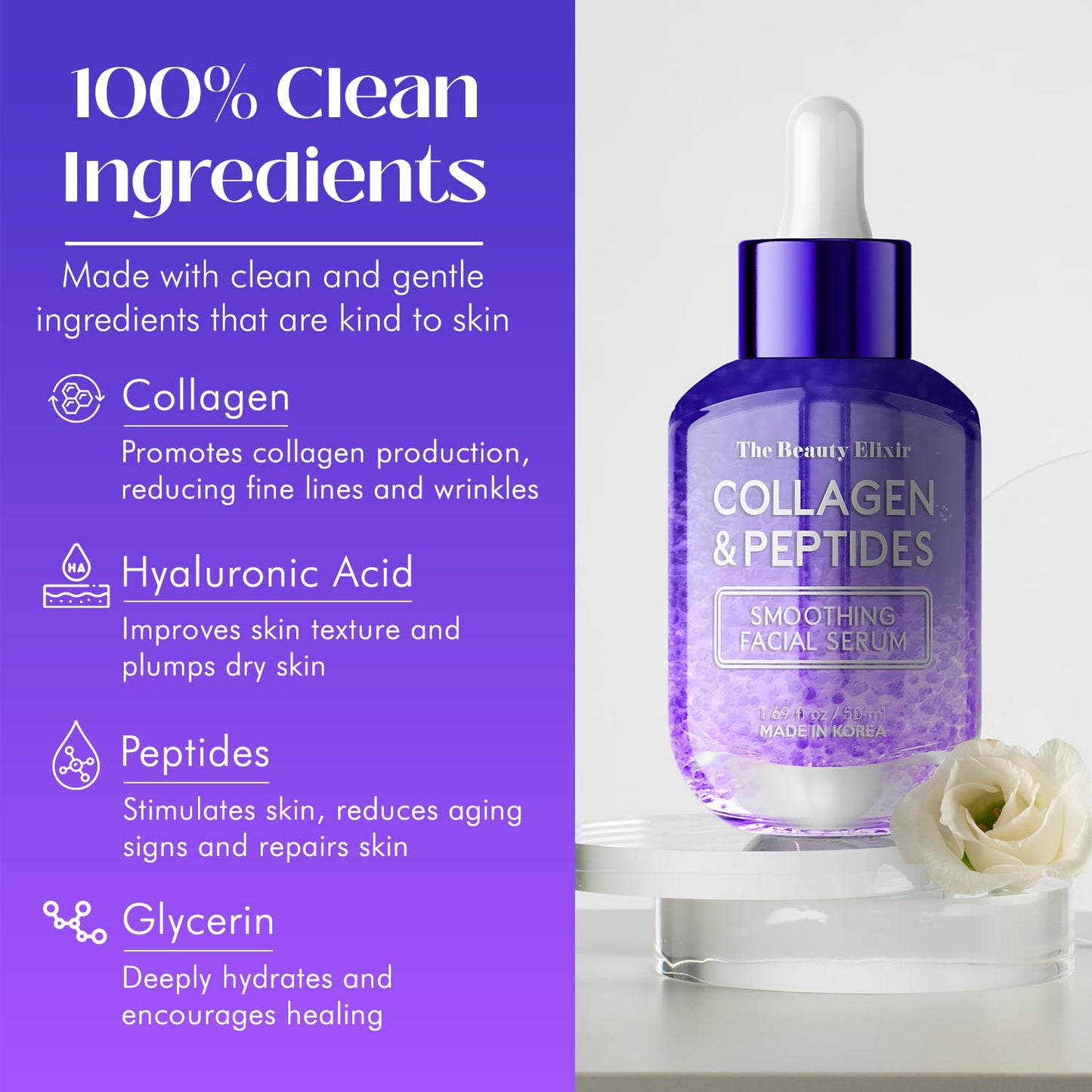 Collagen & Peptides Serum For Face - Dermatologist Tested, Anti-Aging, Hydrating & Repairing Treatment for Fine Lines & Wrinkles - Clean Beauty, Cruelty-Free Korean Skincare - 1.69oz-Velvo Beauty