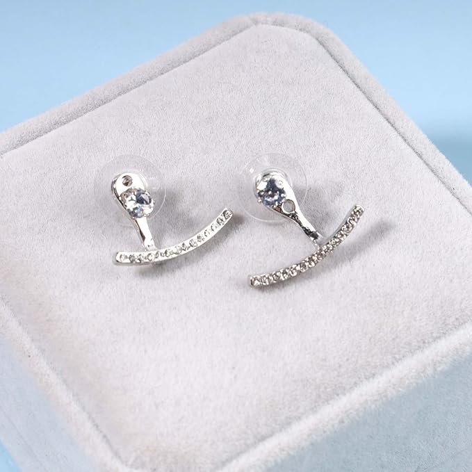 Crystal Bar Ear Climber Earrings Silver Rhinestone Ear Jacket Earrings Boho Bar Ear Crawlers Earrings Minimalist Geometric Moon Earrings Jewelry for Women and Girls-Velvo Beauty