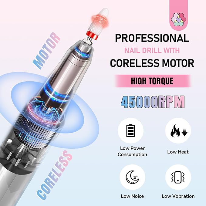 SAVILAND 45000RPM Electric Nail Drill Professional: Unique Coreless Nail File Last 15H Long Battery Life |Cordless Nail Drill for Quick Acrylic Nail Removal Ultra Quiet Salon Use Manicure Pedicure-Velvo Beauty