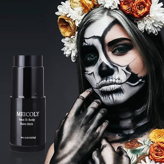 MEICOLY Black White Face Body Paint Stick Kit,1.06Oz Clown White Makeup Kit,2pcs Halloween Face Paint Grease Cream Mime Sticks,Joker Zombie Vampire Skeleton Cosplay with 2pcs Sponges-Velvo Beauty