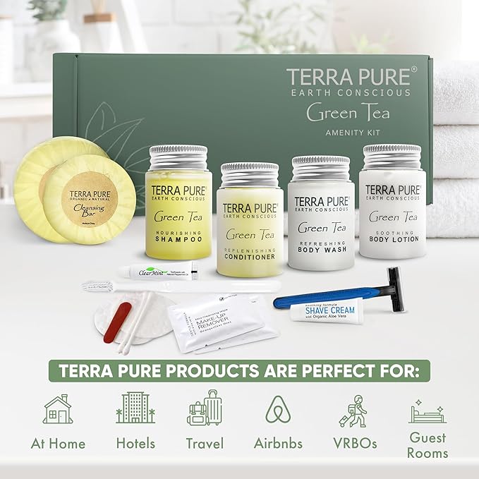 Terra Pure Green Tea Amenity & Accessory Kit | 1 oz Travel Size Shampoo, Conditioner, Lotion, Body Wash, 2 Soap Bars, Shave & Dental Sets, Make-Up Remover Wipes, & Vanity Kit | 1 set per case-Velvo Beauty