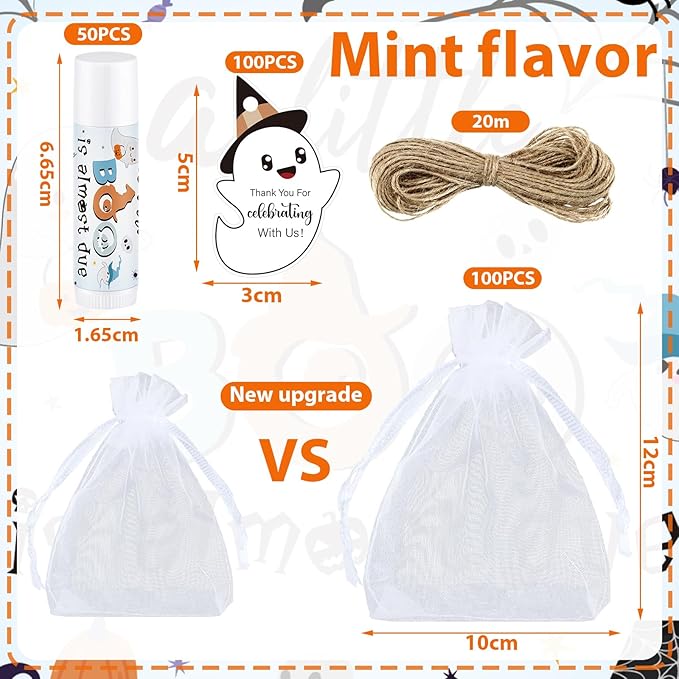 Demissle 50 Pcs Baby Shower Lip Balm Gift Set with 100 Pcs Organza Bags Baby Shower Party Favor for Guest Thank You Tag Rope Baby Shower Party Decoration Gender Reveal Souvenirs (Ghost)-Velvo Beauty