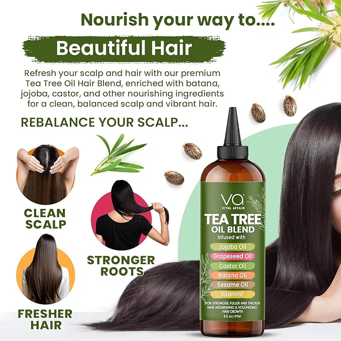 Tea Tree Oil For Hair With Jojoba, Castor, Batana Oil - Tea Tree Hair And Scalp Treatment - Hair Oil For Dandruff - Helps Strengthen, Volumize & Promotes Hair Growth - 6 Fl Oz-Velvo Beauty