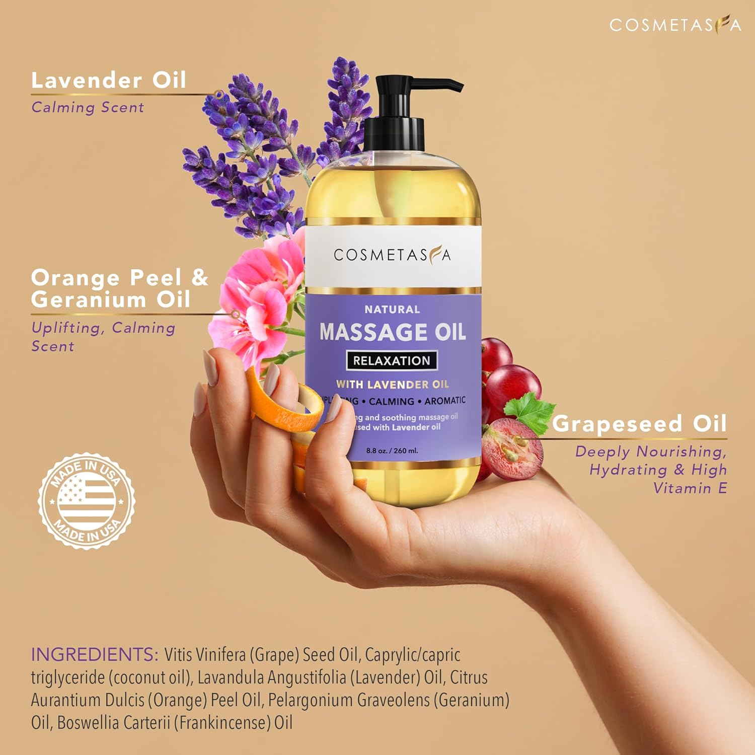 Cosmetasa Lavender Massage Oil for Massage Therapy - All Natural, Cruelty-Free & Spa Quality Skin Therapy Oil, Calming & Soothing Care - Lavender, Geranium & Grapeseed Oil (8.8 oz)-Velvo Beauty