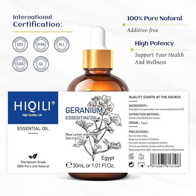 HIQILI 30ML Geranium Essential Oil， for Skin, Diffuser & Candle, 100% Pure and Natural - 1.01 Fl.Oz-Velvo Beauty
