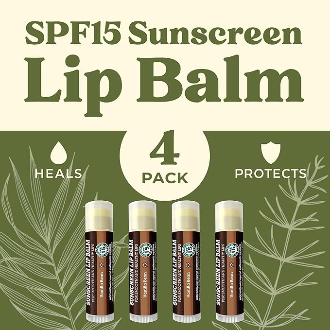 SPF Lip Balm 4-Pack by Earth's Daughter - Lip Sunscreen, SPF 15, Organic Ingredients, Vanilla Flavor, Beeswax, Coconut Oil, Vitamin E - Hypoallergenic, Paraben Free, Gluten Free-Velvo Beauty