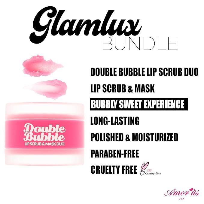 Beauty Bundle Lip Care AmorUs Double Bubble Lip Mask & Scrub Duo For Dry/Chapped/Cracked Lips Lip Exfoliant Promotes Healing & Collagen Lip Mask-Velvo Beauty