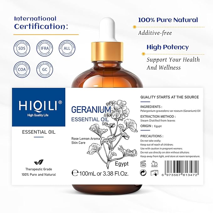 HIQILI 100ML Geranium Essential Oil for Skin, Diffuser & Candle, 100% Pure and Natural - 3.38 Fl Oz-Velvo Beauty