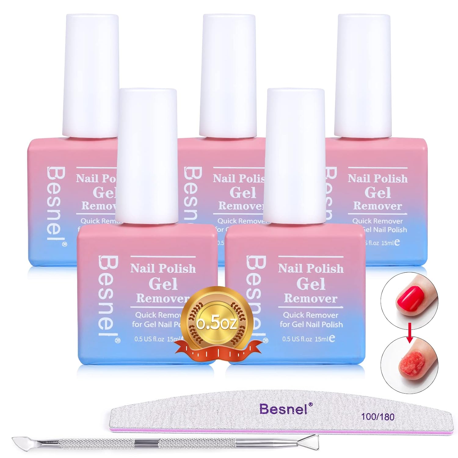 Gel Nail Polish Remover 5 Pack Professional Gel Polish Remover Non-Irritating Quick Easy,Nail Polish Gel Remover Tools Kit Nail File Cuticle Pusher Nail File Grit, No Need For Foil Soaking Or Wrapping-Velvo Beauty